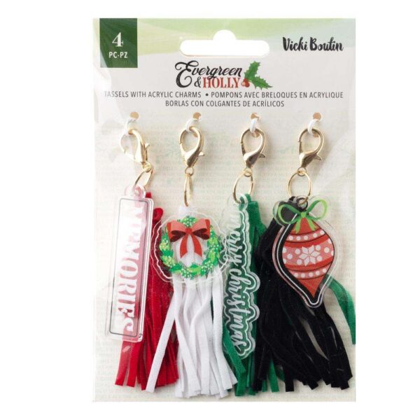 Vicki Boutin Evergreen & Holly Tassels 4/Pkg-W/Charms