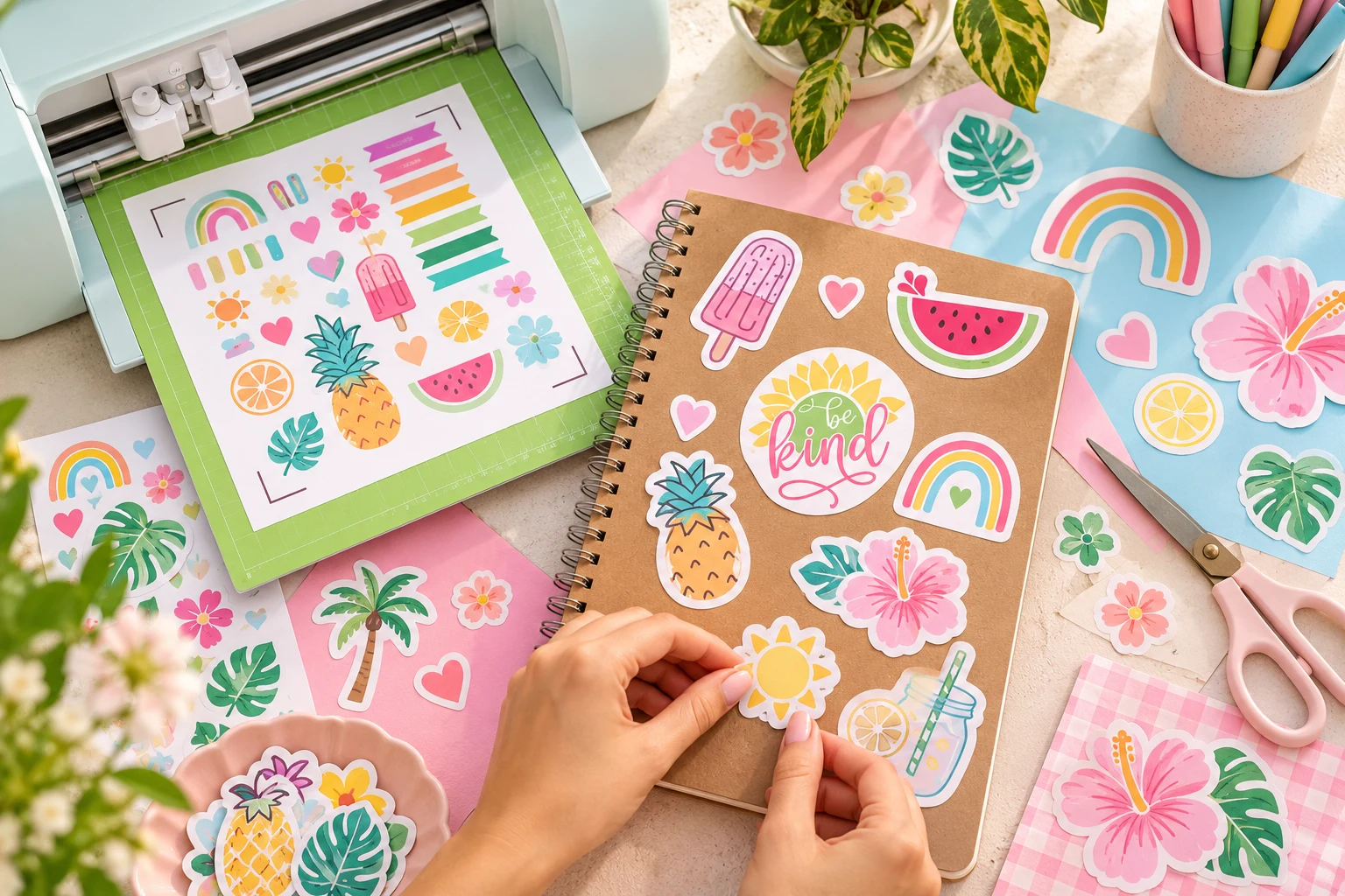 Hands working on Cricut sticker projects